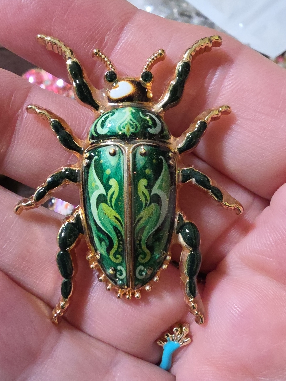 A128- Green Enamel Beetle Brooch